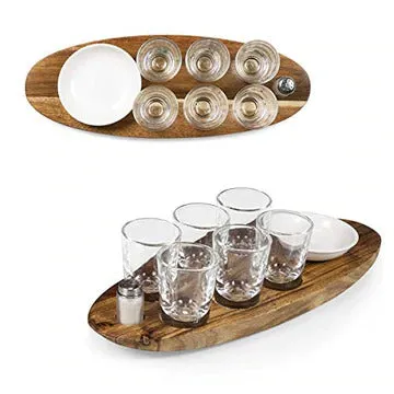 New in box Cantinero 6-Shot Glass Serving Set, beautiful acacia wood tray with designated carved indents for components, branded etching Manulife, Retails $100 