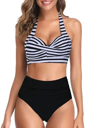 NEW Vintage Swimsuit Black White Stripe Two Piece Halter Ruched High Waist Bikini, Sz M, Retails $88