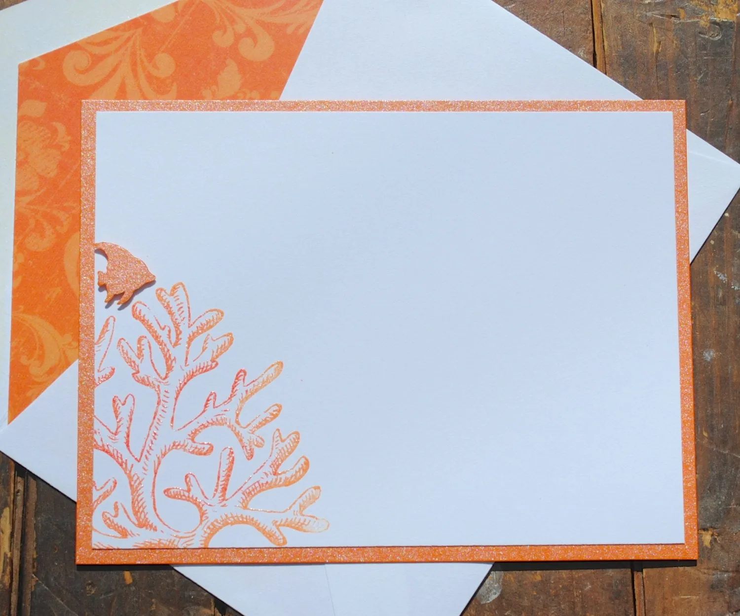 Notecards, Personalized Stationery with sea inspired coral design and decorative lined Envelopes, Handmade, Set of 8 Cards