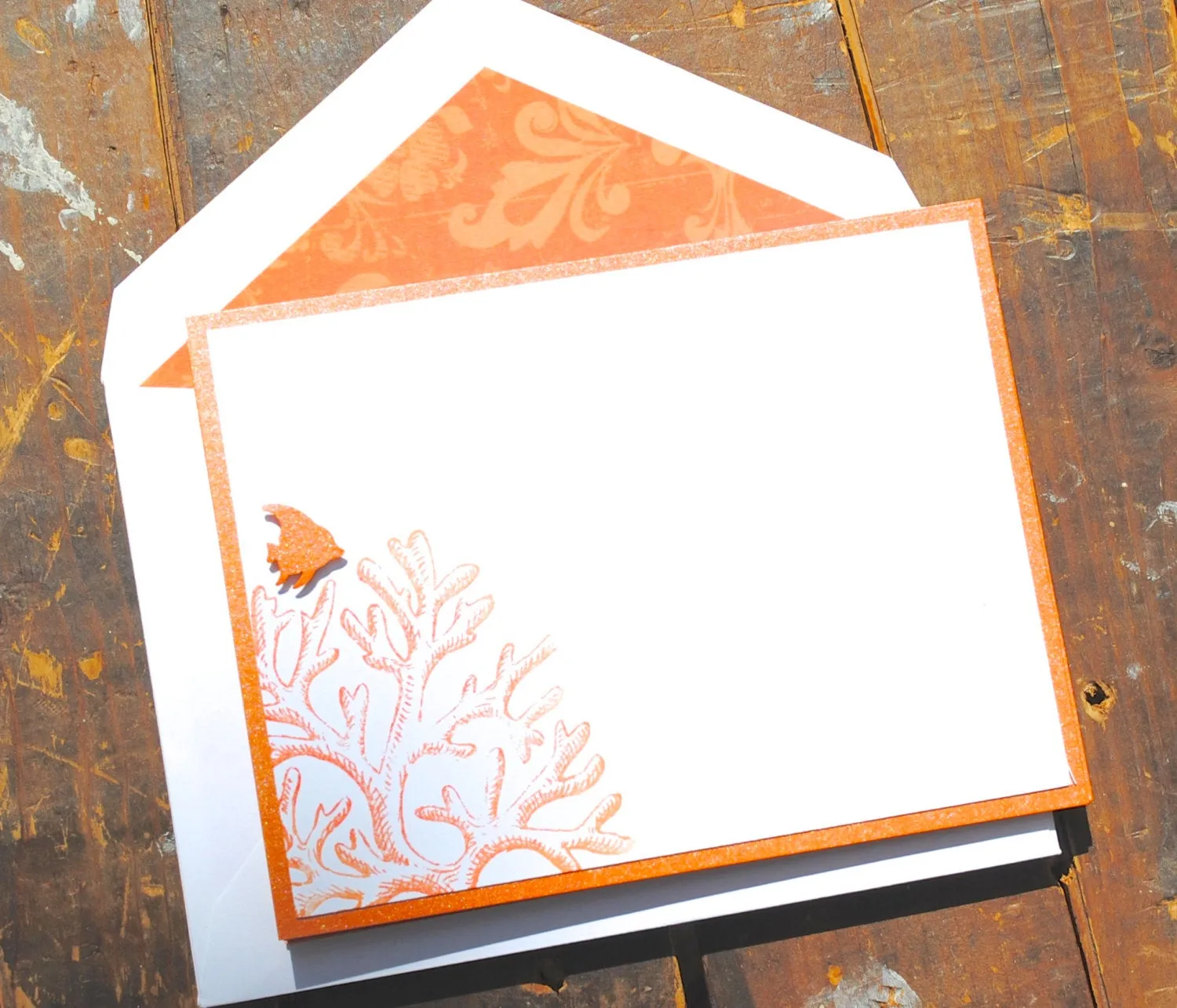 Notecards, Personalized Stationery with sea inspired coral design and decorative lined Envelopes, Handmade, Set of 8 Cards