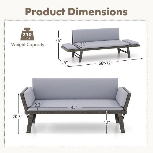 Outdoor Convertible Sofa Daybed with Adjustable Armrests for Balcony-Gray - Colo