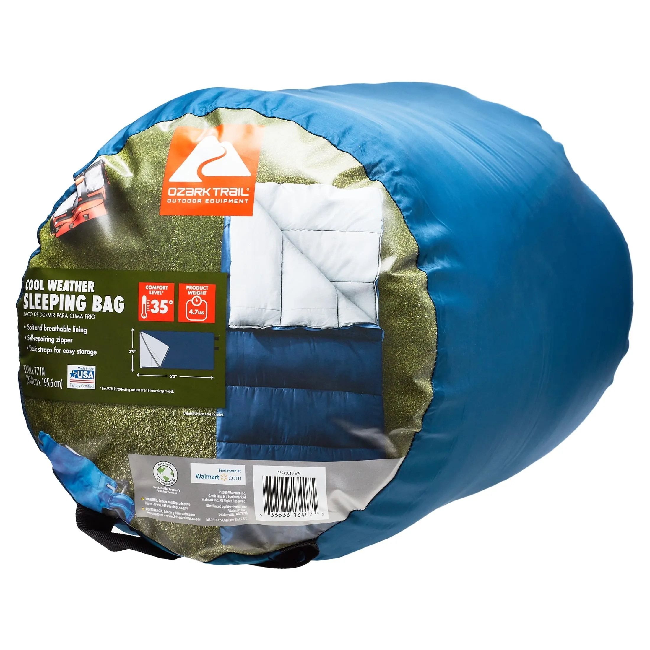 Ozark Trail 35-Degree Cool Weather Rectangular Sleeping Bag, Blue, 33"x77"