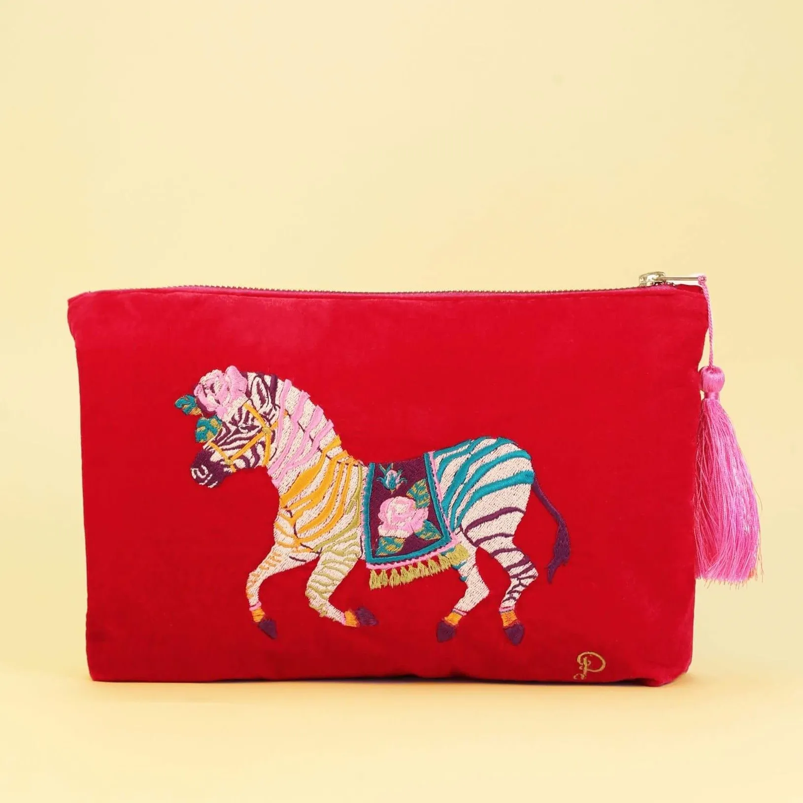 Powder Zebra Carnival Velvet Zip Pouch - Red