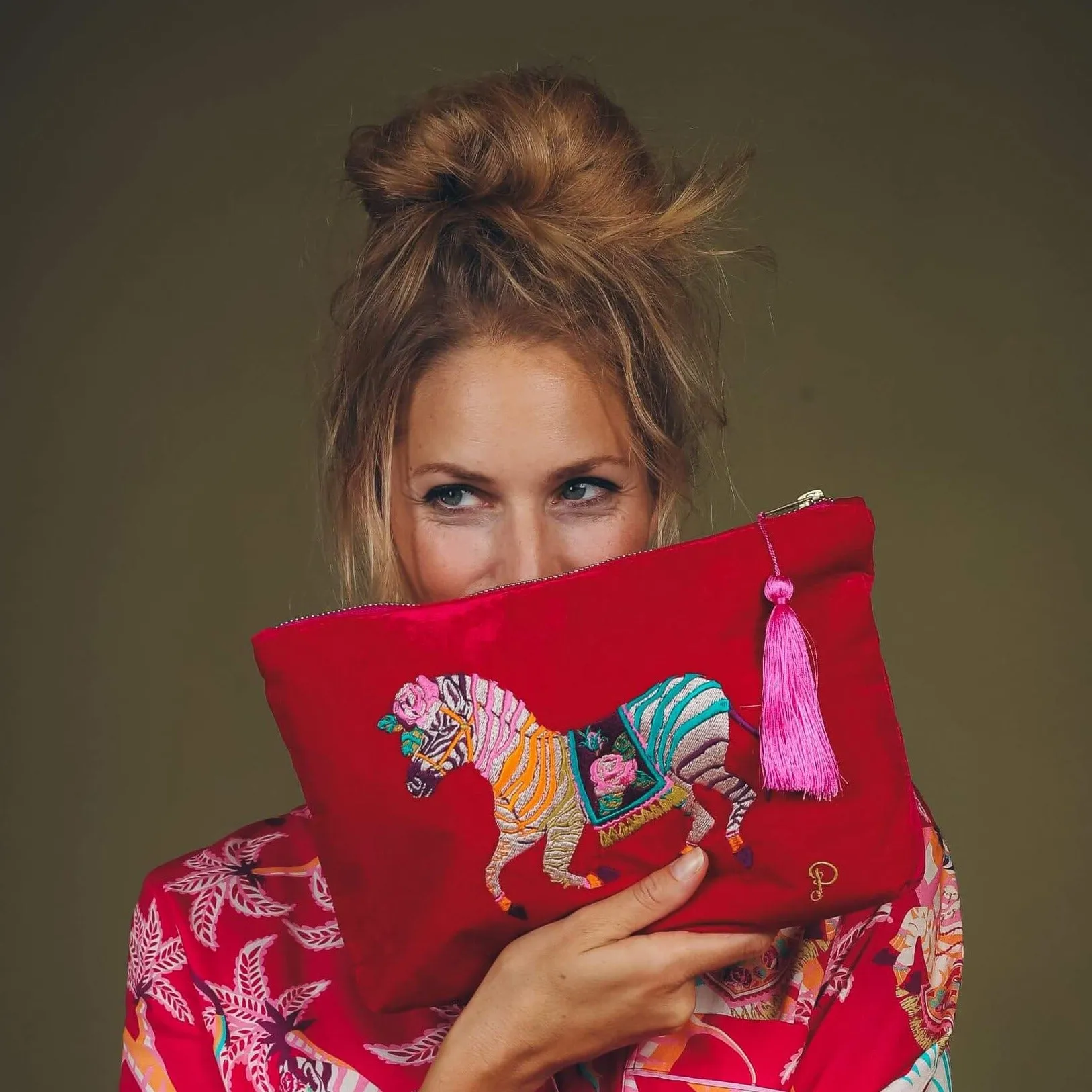 Powder Zebra Carnival Velvet Zip Pouch - Red
