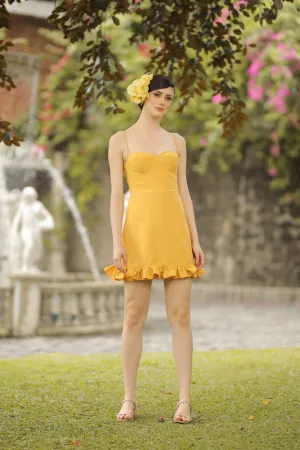 REBECA Sweetheart Thin Strap Mini Dress with Ruffle Hem (Yellow Chambray)