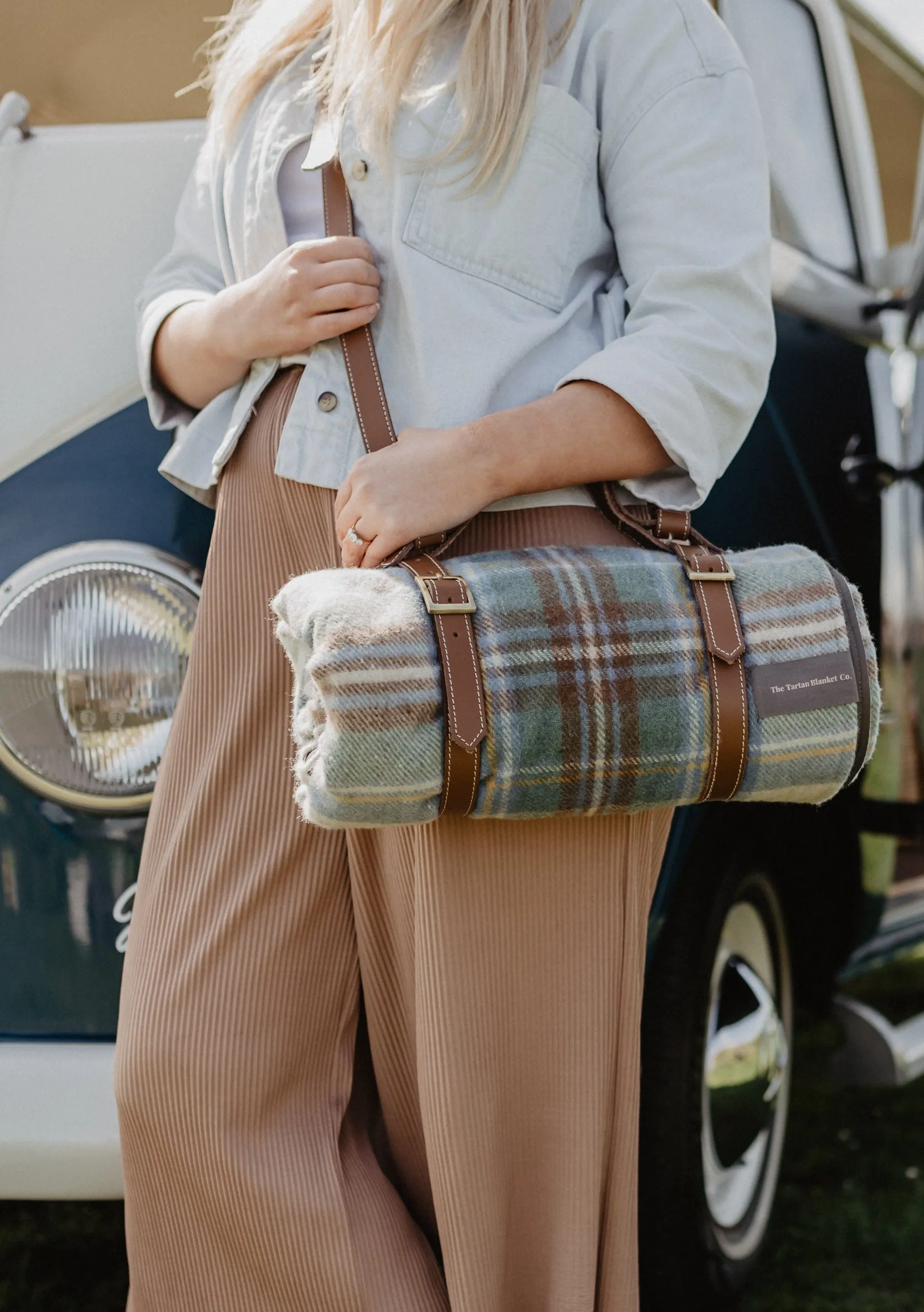 Recycled Wool Picnic Blanket in Stewart Muted Blue Tartan