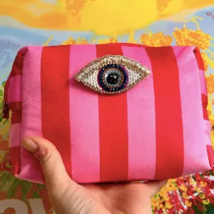 Red and Pink Stripe Velvet Make Up Bag with Eye Pin (two sizes)