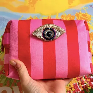 Red and Pink Stripe Velvet Make Up Bag with Eye Pin (two sizes)