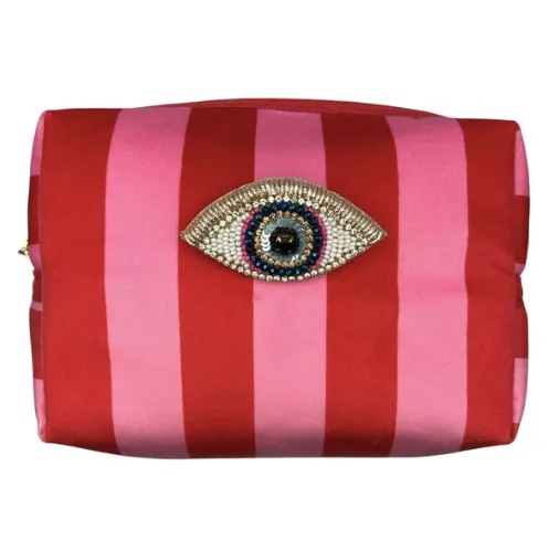 Red and Pink Stripe Velvet Make Up Bag with Eye Pin (two sizes)