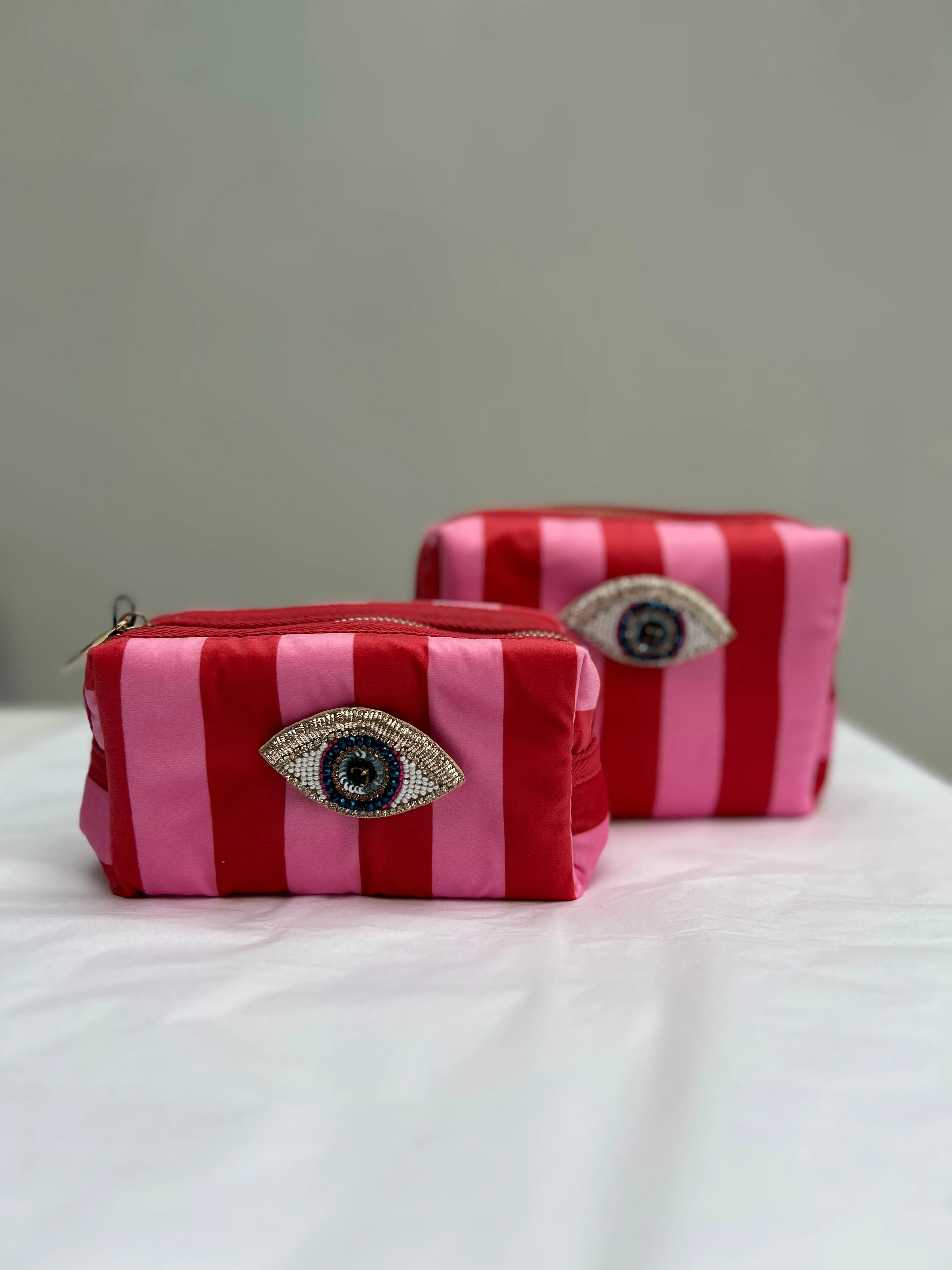Red and Pink Stripe Velvet Make Up Bag with Eye Pin (two sizes)