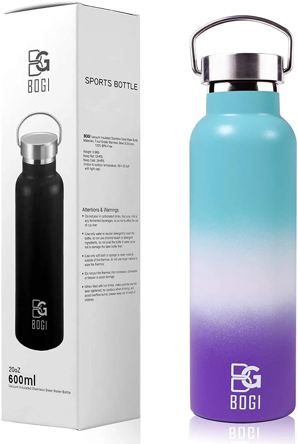 Rynx | BOGI 20oz Double Wall Vacuum Insulated Stainless Steel Water Bottle - Scratch Resistant & Eco-Friendly for Outdoor Sports Yoga Camping   Straw Flip Lid, 2 Straws & Cleaning Brush