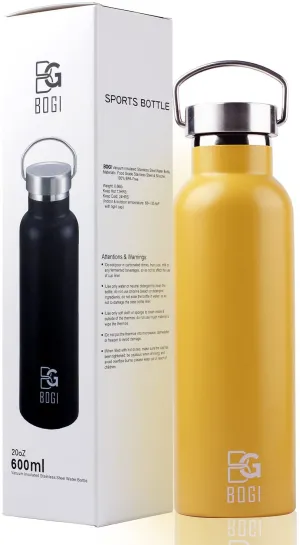 Rynx | BOGI 20oz Double Wall Vacuum Insulated Stainless Steel Water Bottle - Scratch Resistant & Eco-Friendly for Outdoor Sports Yoga Camping   Straw Flip Lid, 2 Straws & Cleaning Brush