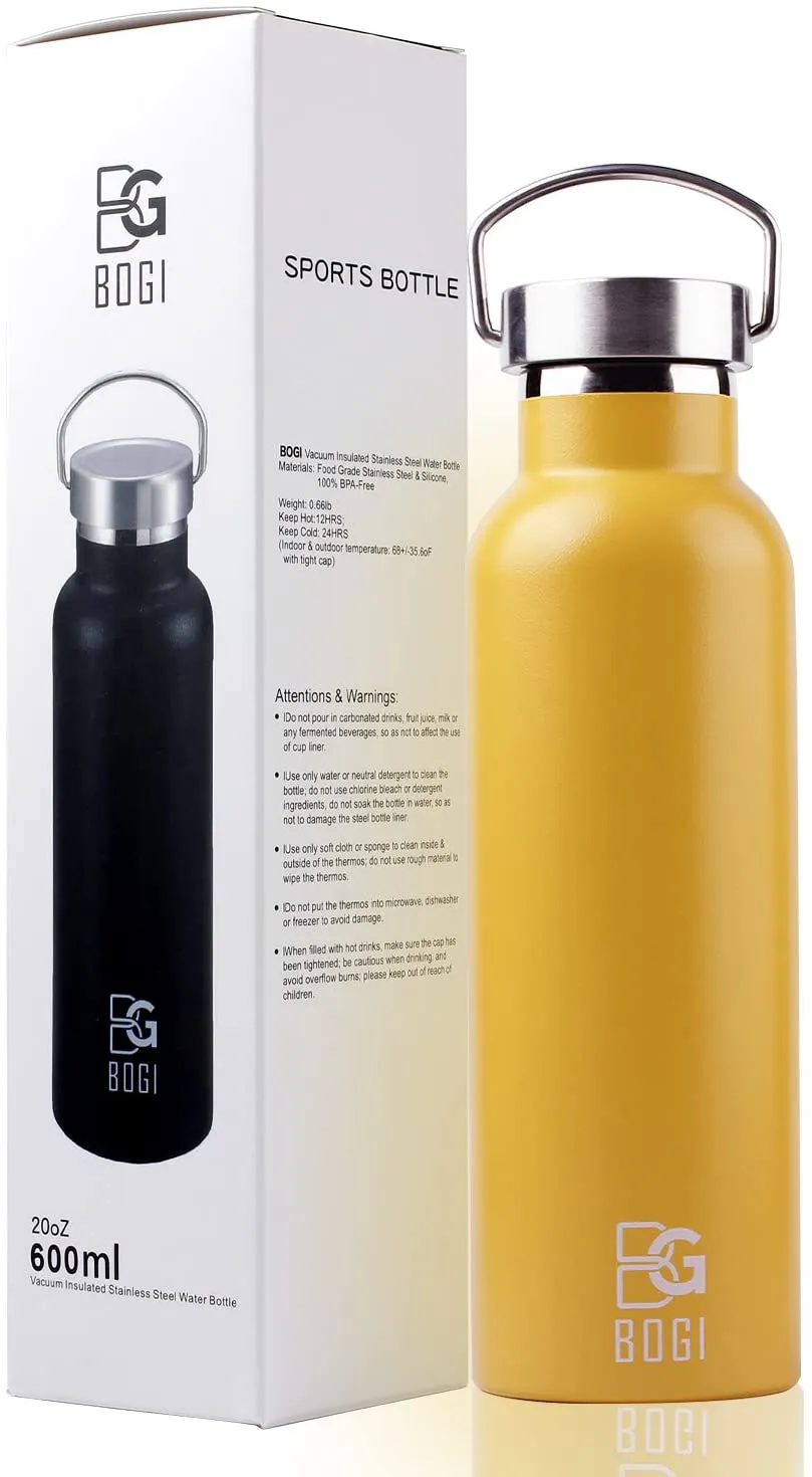 Rynx | BOGI 20oz Double Wall Vacuum Insulated Stainless Steel Water Bottle - Scratch Resistant & Eco-Friendly for Outdoor Sports Yoga Camping   Straw Flip Lid, 2 Straws & Cleaning Brush