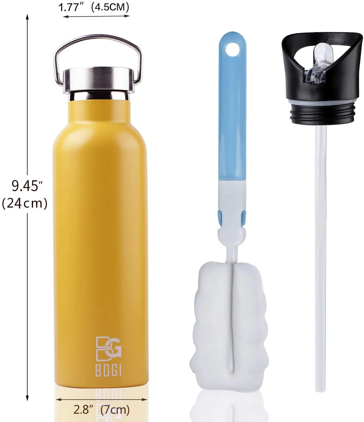 Rynx | BOGI 20oz Double Wall Vacuum Insulated Stainless Steel Water Bottle - Scratch Resistant & Eco-Friendly for Outdoor Sports Yoga Camping   Straw Flip Lid, 2 Straws & Cleaning Brush