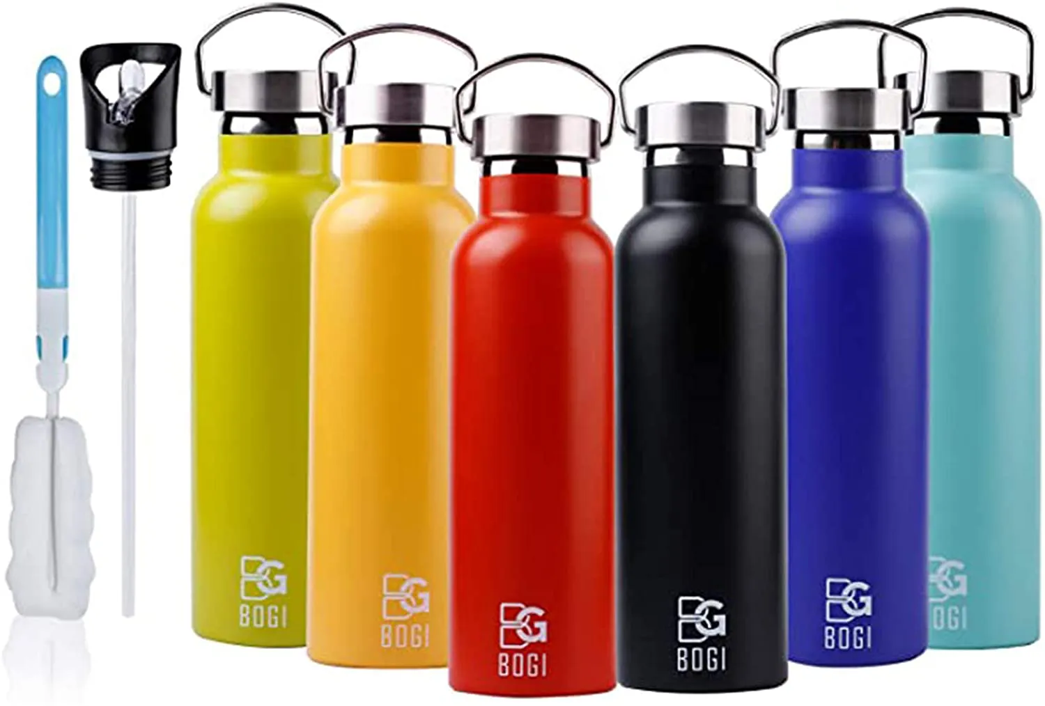 Rynx | BOGI 20oz Double Wall Vacuum Insulated Stainless Steel Water Bottle - Scratch Resistant & Eco-Friendly for Outdoor Sports Yoga Camping   Straw Flip Lid, 2 Straws & Cleaning Brush