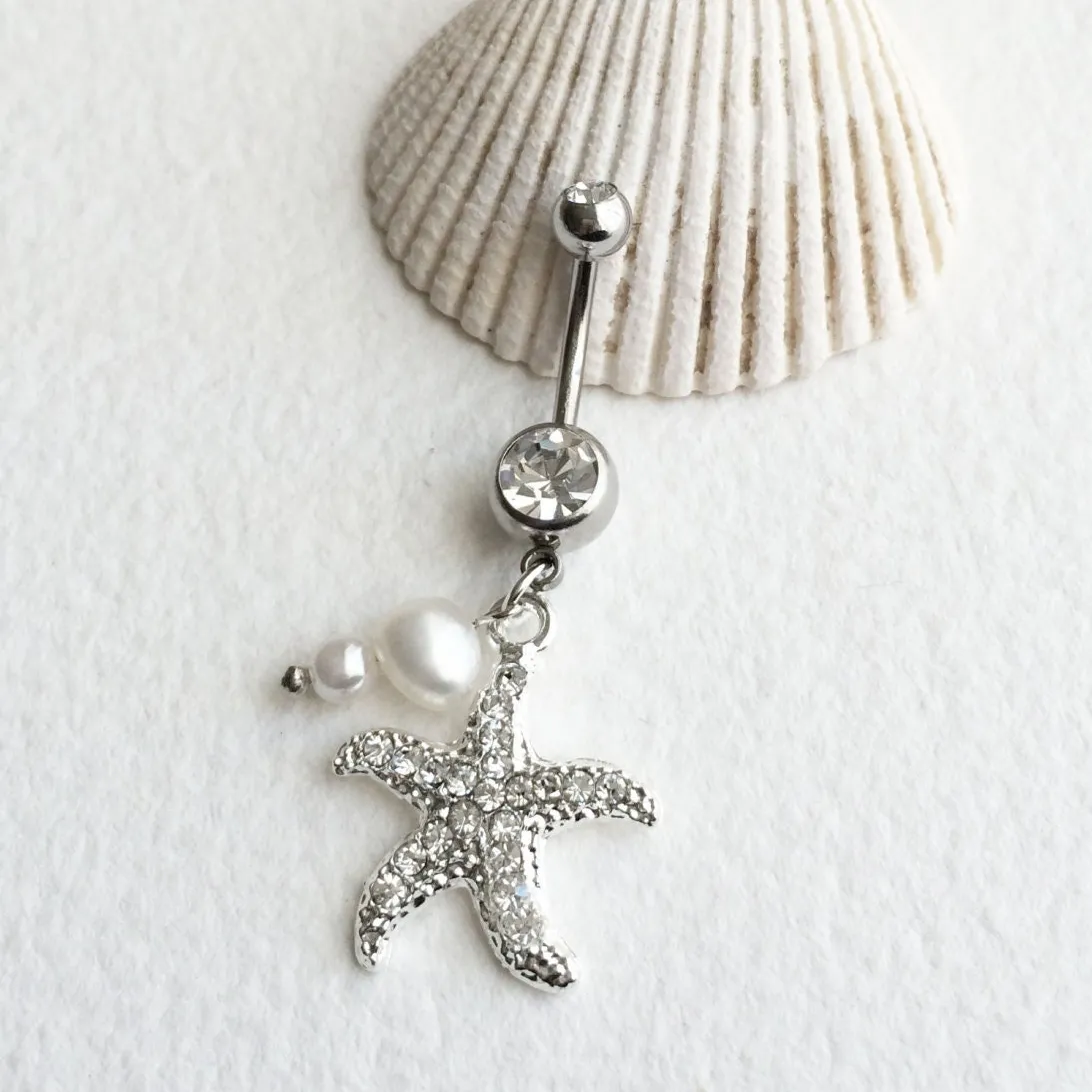 Silver Starfish Belly Button Ring with Pearl