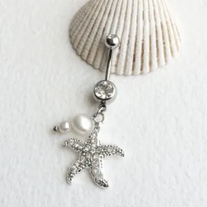 Silver Starfish Belly Button Ring with Pearl