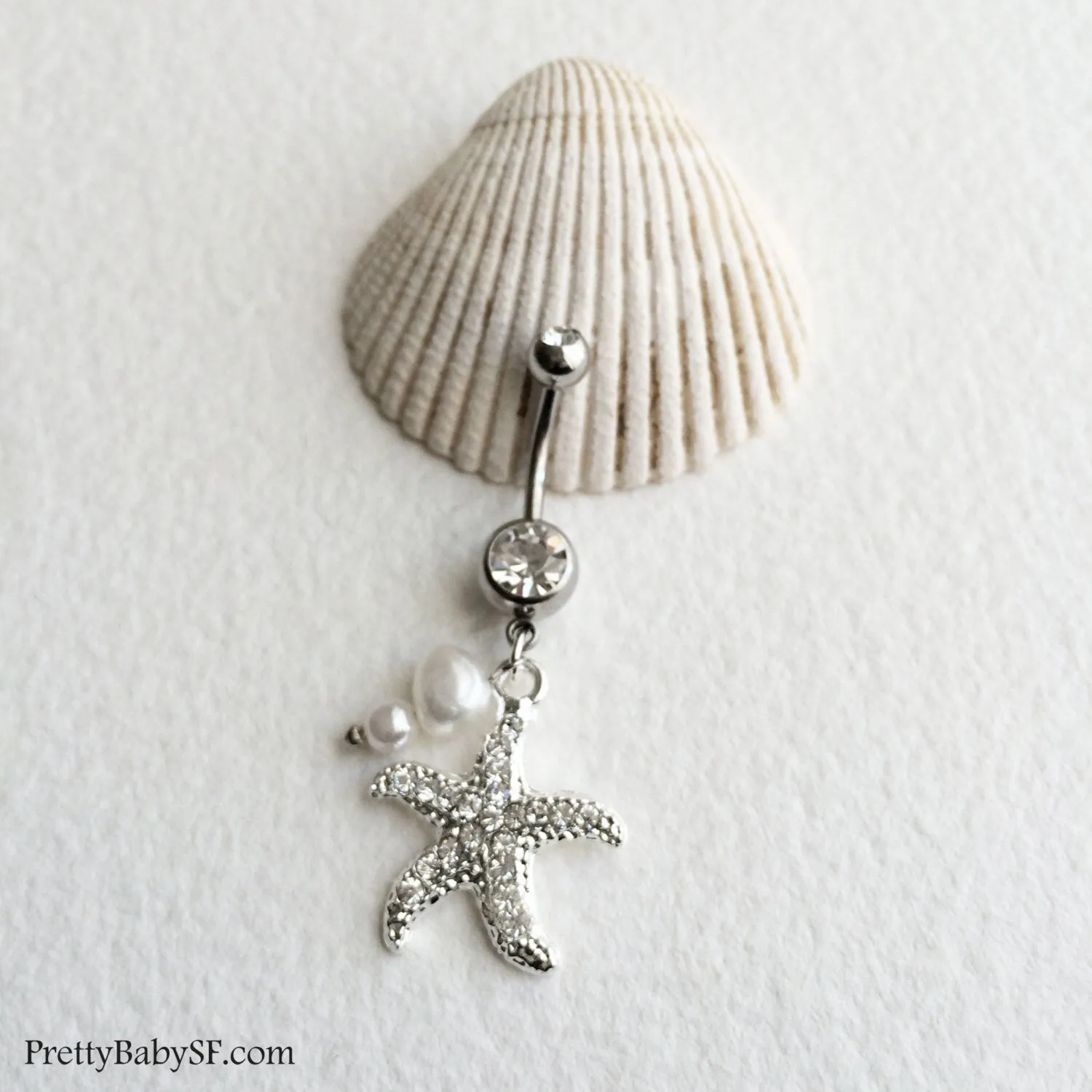 Silver Starfish Belly Button Ring with Pearl