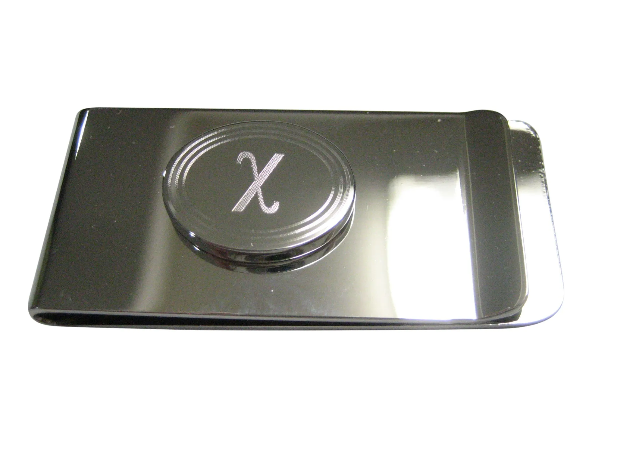 Silver Toned Etched Oval Greek Letter Chi Pendant Money Clip