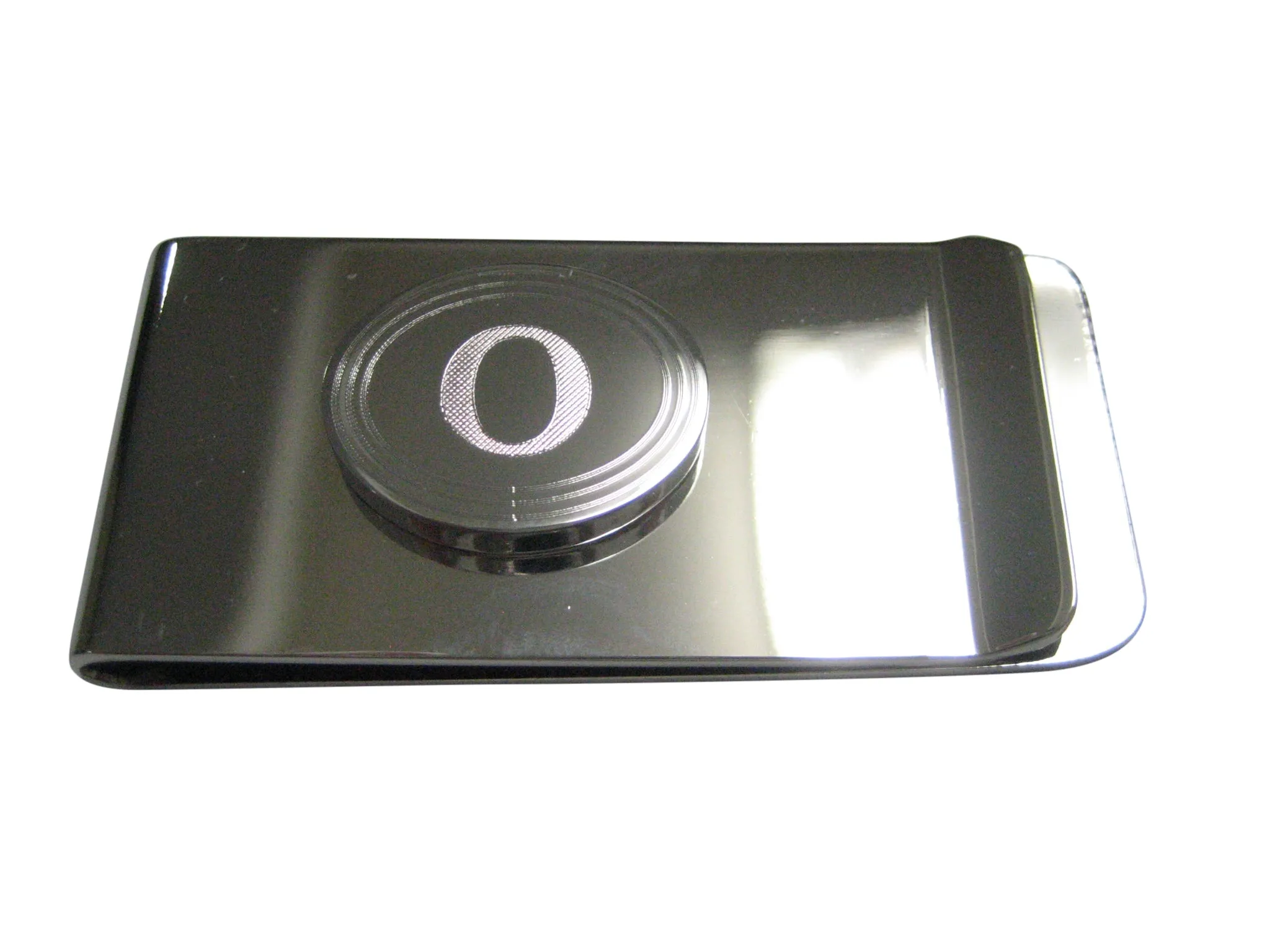 Silver Toned Etched Oval Greek Letter Omicron Pendant Money Clip