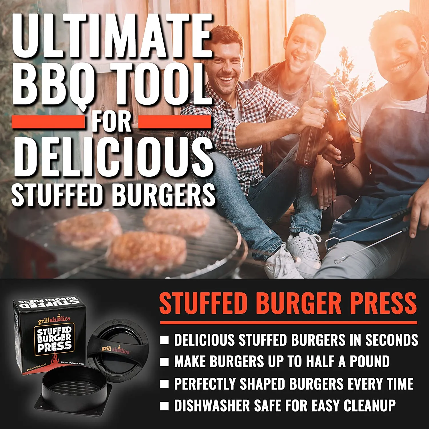 Stuffed Burger Press and Recipe Ebook - Extended Warranty - Hamburger Patty Maker for Grilling - BBQ Grill Accessories