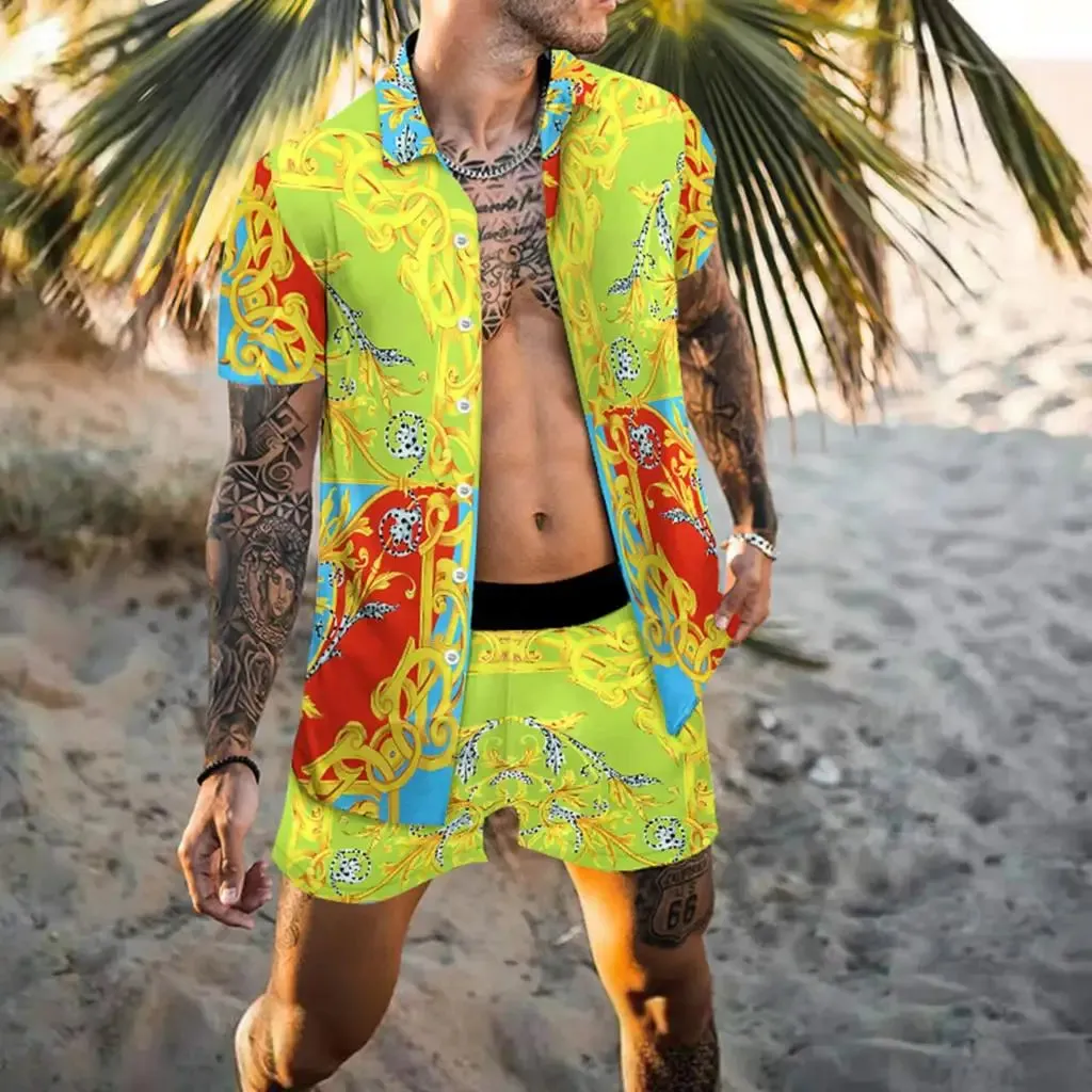 Summer Golden Horse Print Beach Short Sleeve Shirt & Shorts