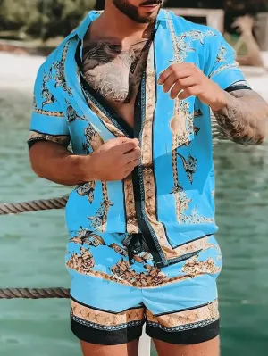 Summer Golden Horse Print Beach Short Sleeve Shirt & Shorts