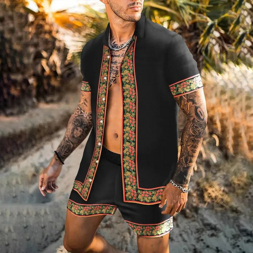 Summer Golden Horse Print Beach Short Sleeve Shirt & Shorts