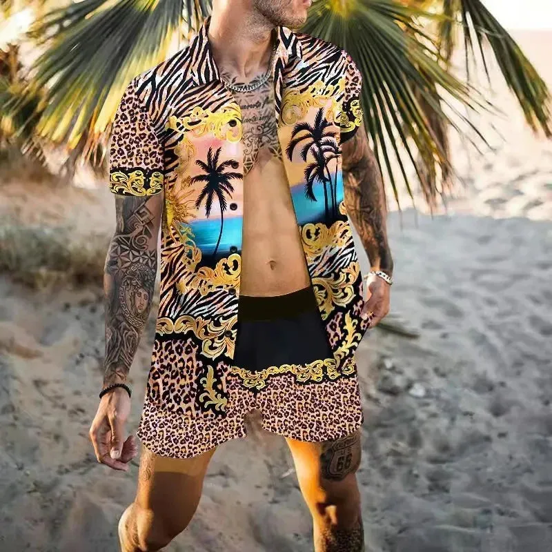 Summer Golden Horse Print Beach Short Sleeve Shirt & Shorts