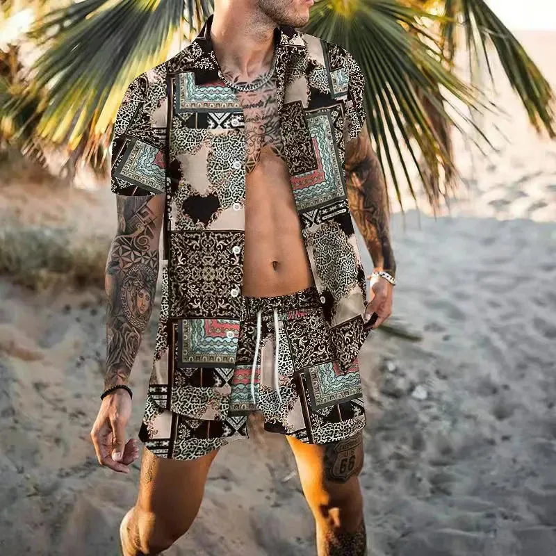 Summer Golden Horse Print Beach Short Sleeve Shirt & Shorts