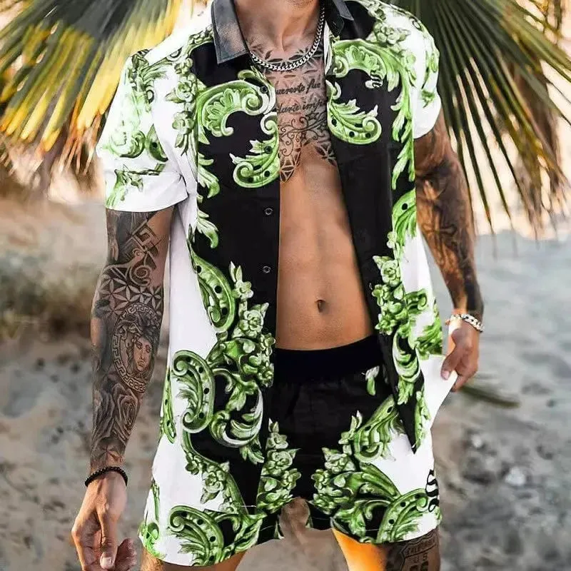 Summer Golden Horse Print Beach Short Sleeve Shirt & Shorts
