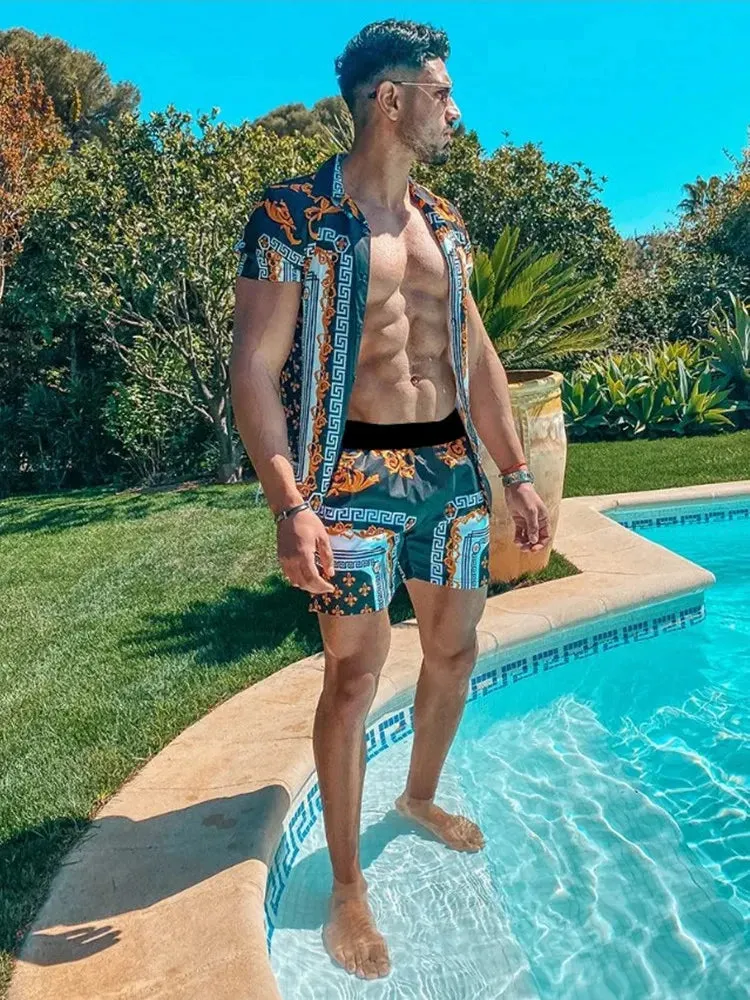 Summer Golden Horse Print Beach Short Sleeve Shirt & Shorts