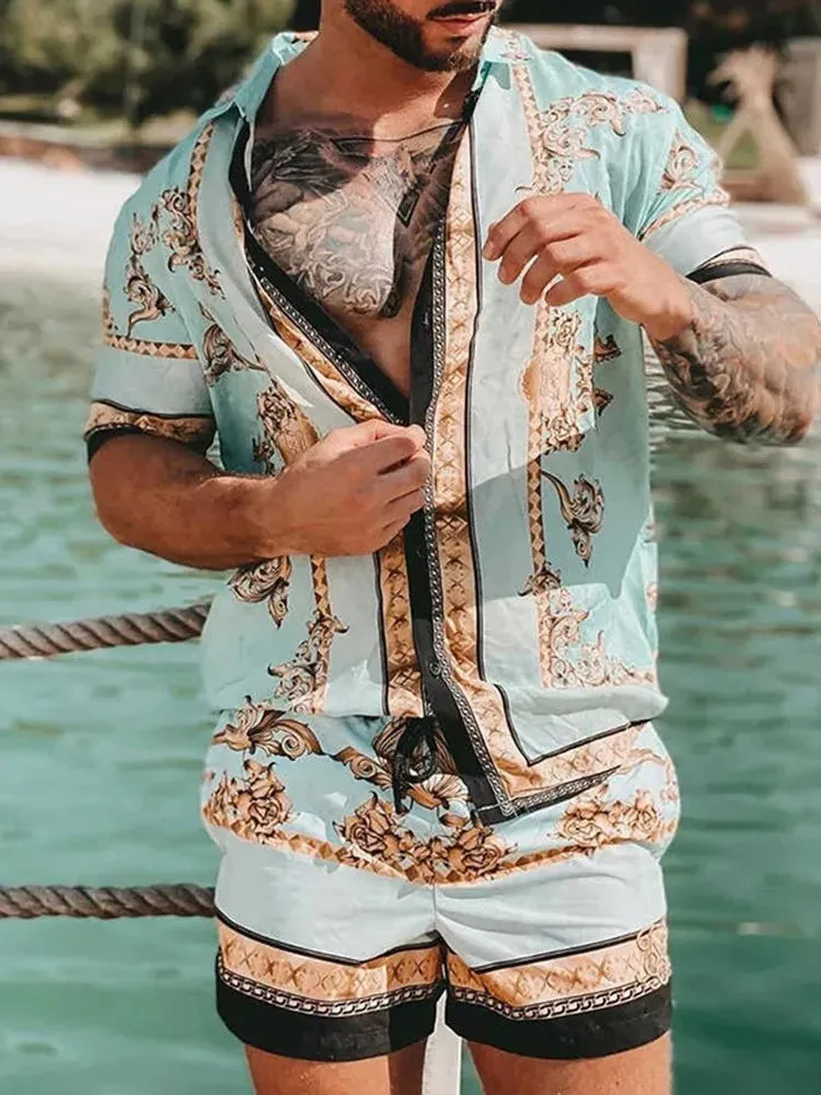 Summer Golden Horse Print Beach Short Sleeve Shirt & Shorts
