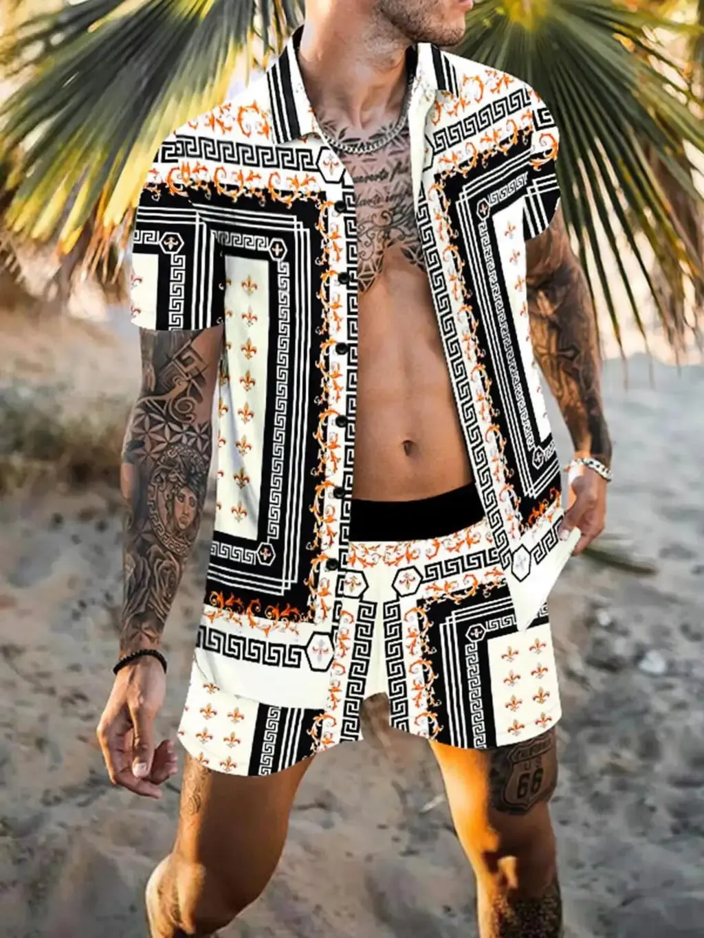 Summer Golden Horse Print Beach Short Sleeve Shirt & Shorts
