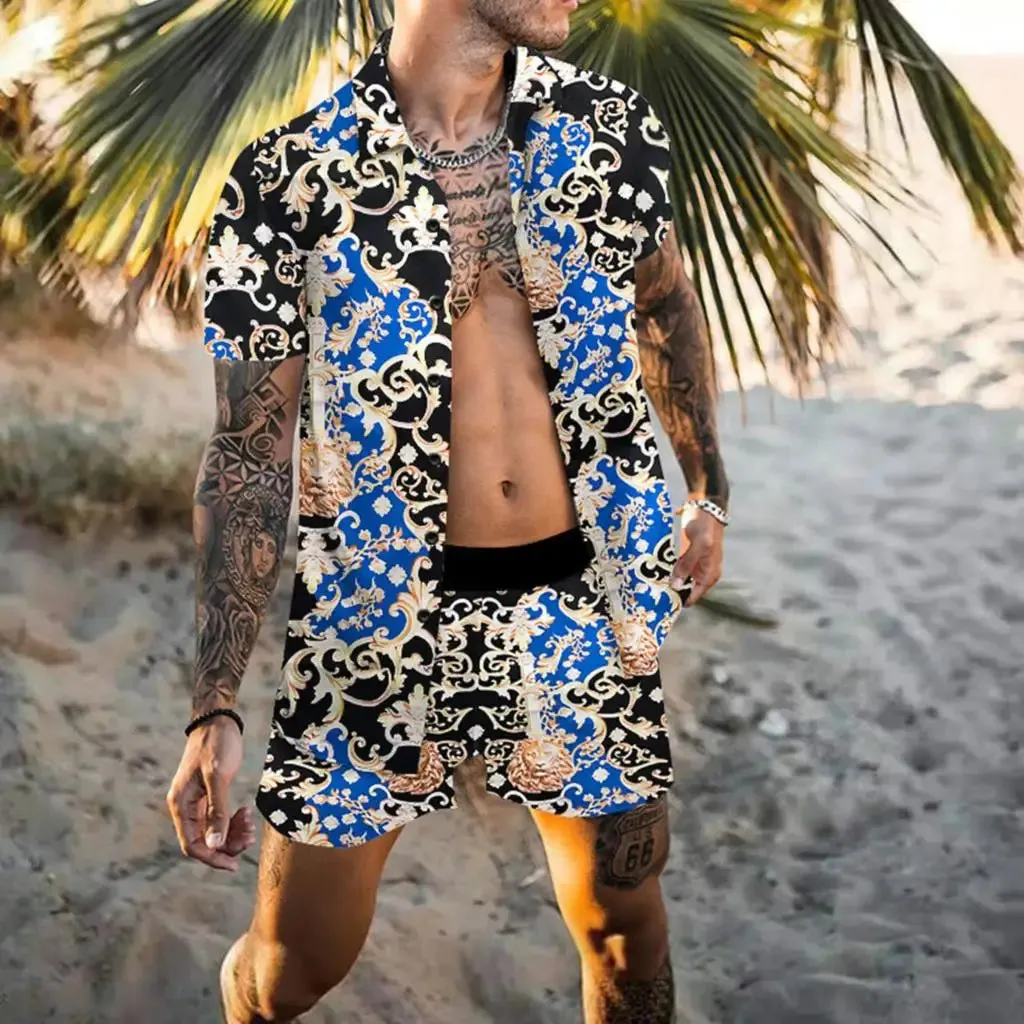 Summer Golden Horse Print Beach Short Sleeve Shirt & Shorts