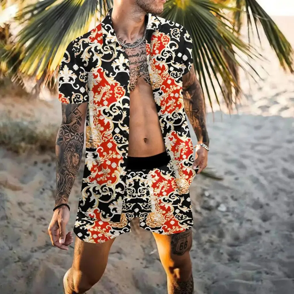 Summer Golden Horse Print Beach Short Sleeve Shirt & Shorts