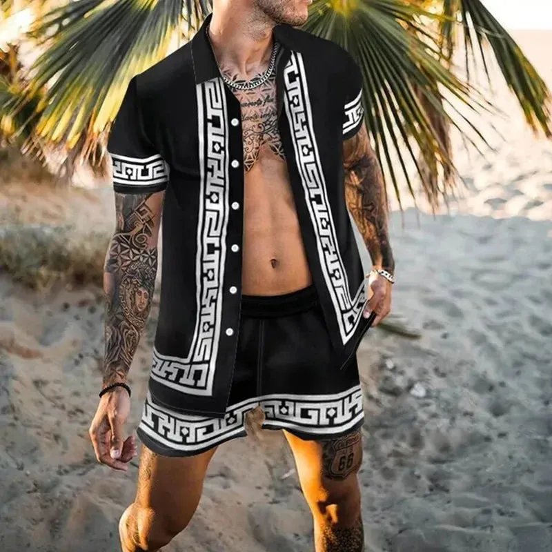 Summer Golden Horse Print Beach Short Sleeve Shirt & Shorts