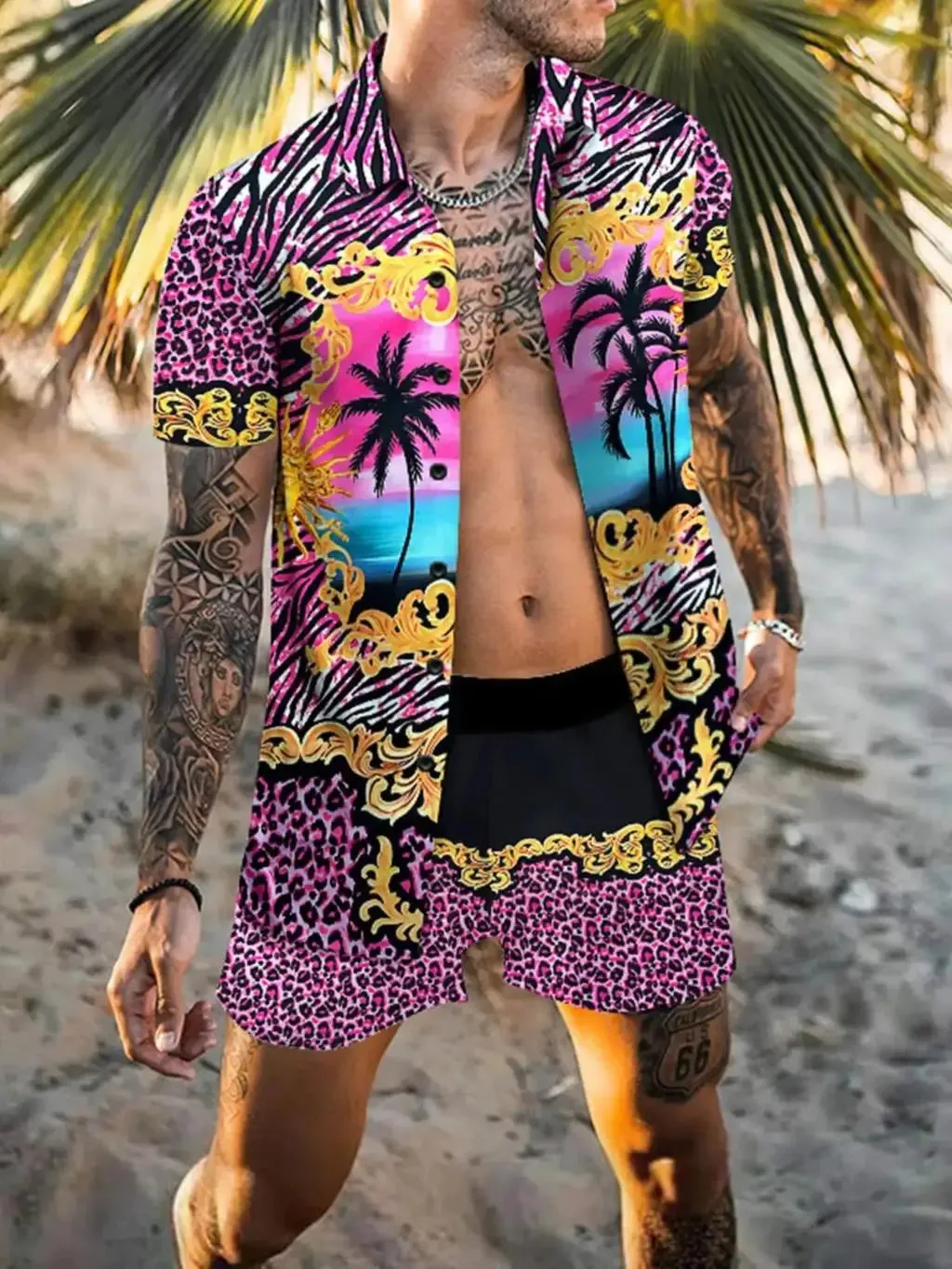 Summer Golden Horse Print Beach Short Sleeve Shirt & Shorts