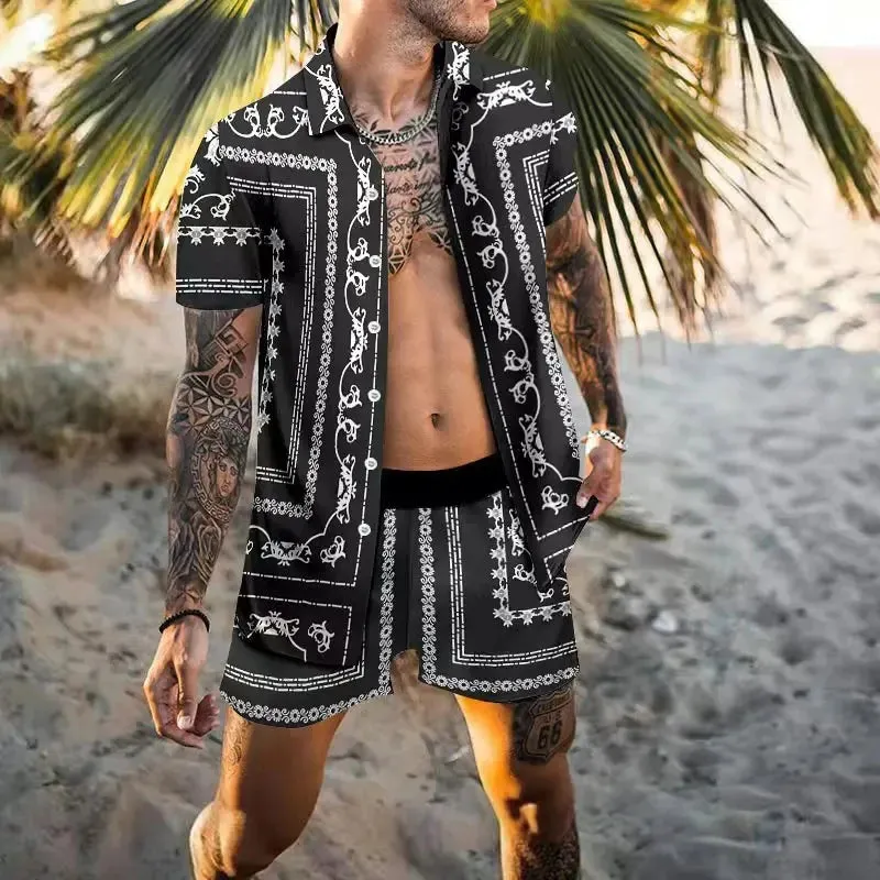 Summer Golden Horse Print Beach Short Sleeve Shirt & Shorts