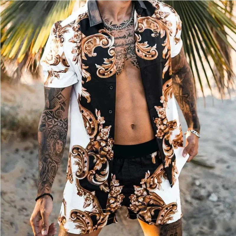 Summer Golden Horse Print Beach Short Sleeve Shirt & Shorts