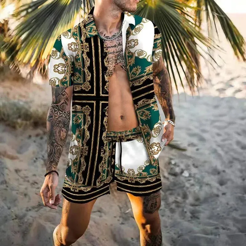 Summer Golden Horse Print Beach Short Sleeve Shirt & Shorts