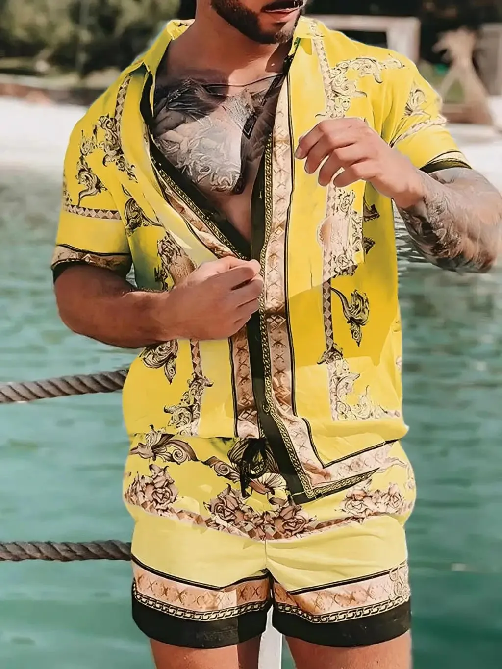 Summer Golden Horse Print Beach Short Sleeve Shirt & Shorts