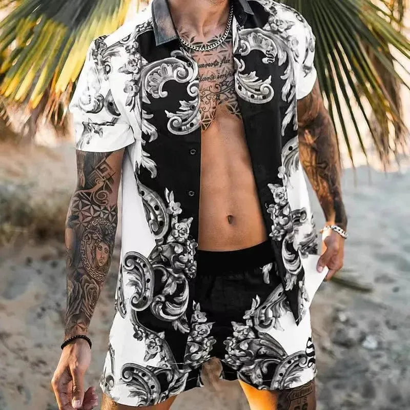 Summer Golden Horse Print Beach Short Sleeve Shirt & Shorts