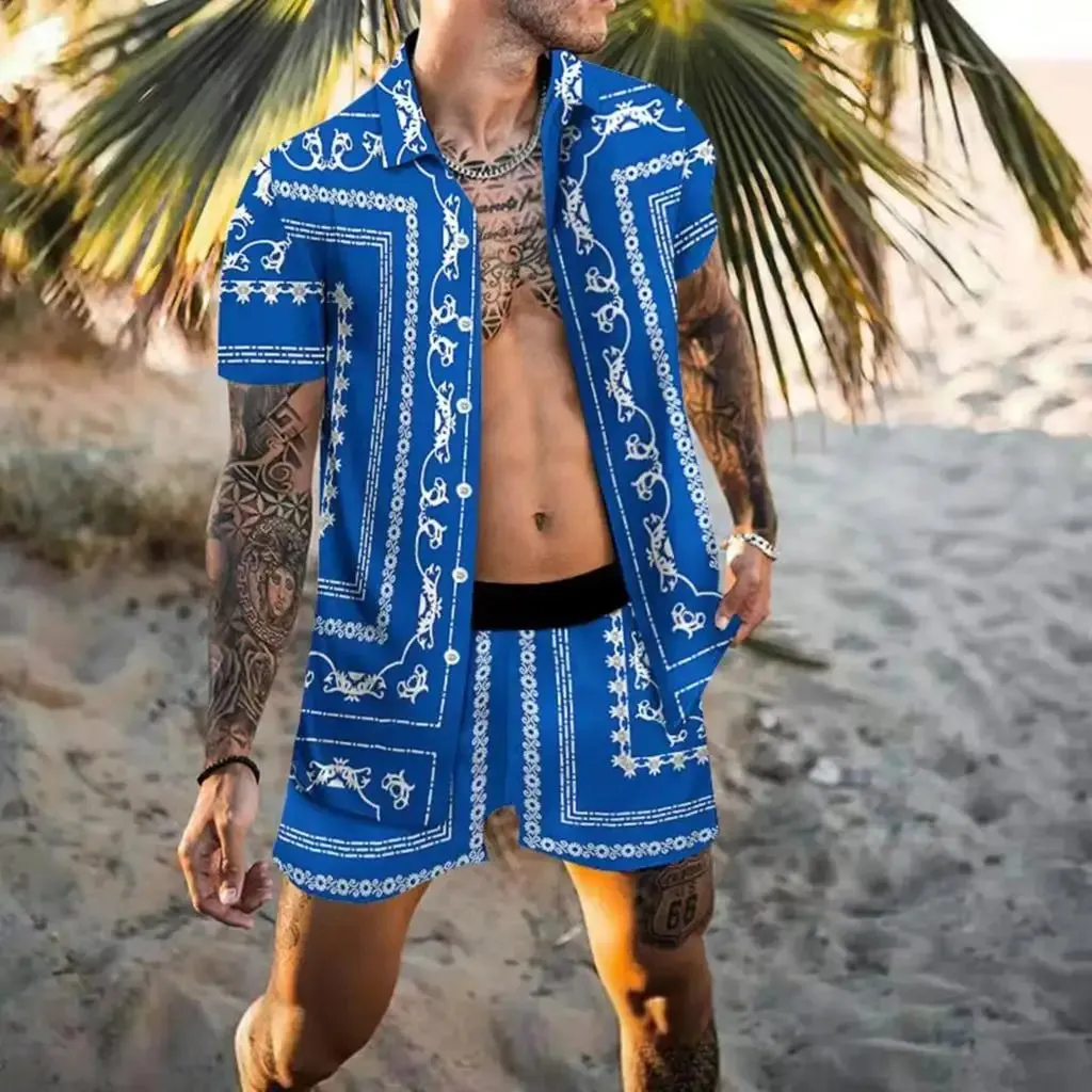 Summer Golden Horse Print Beach Short Sleeve Shirt & Shorts
