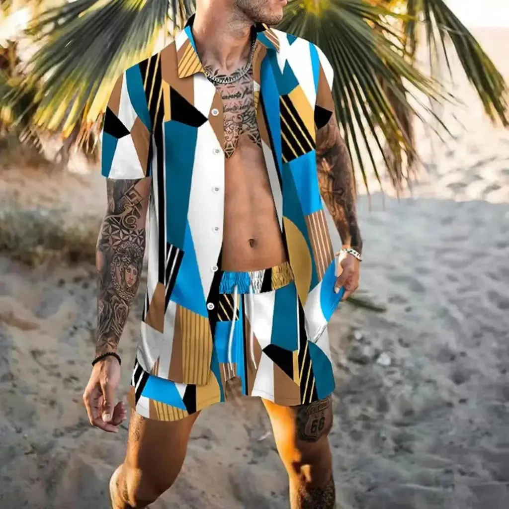 Summer Golden Horse Print Beach Short Sleeve Shirt & Shorts