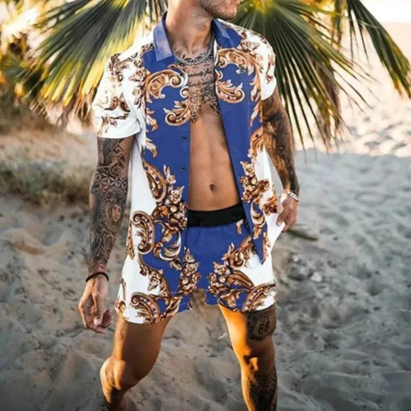 Summer Golden Horse Print Beach Short Sleeve Shirt & Shorts