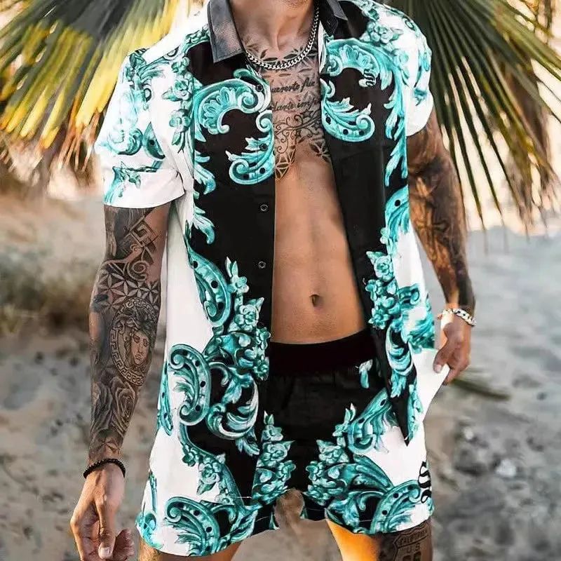 Summer Golden Horse Print Beach Short Sleeve Shirt & Shorts