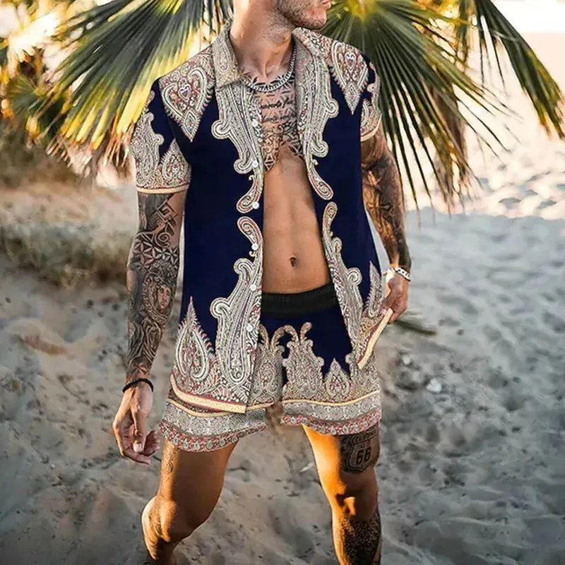 Summer Golden Horse Print Beach Short Sleeve Shirt & Shorts