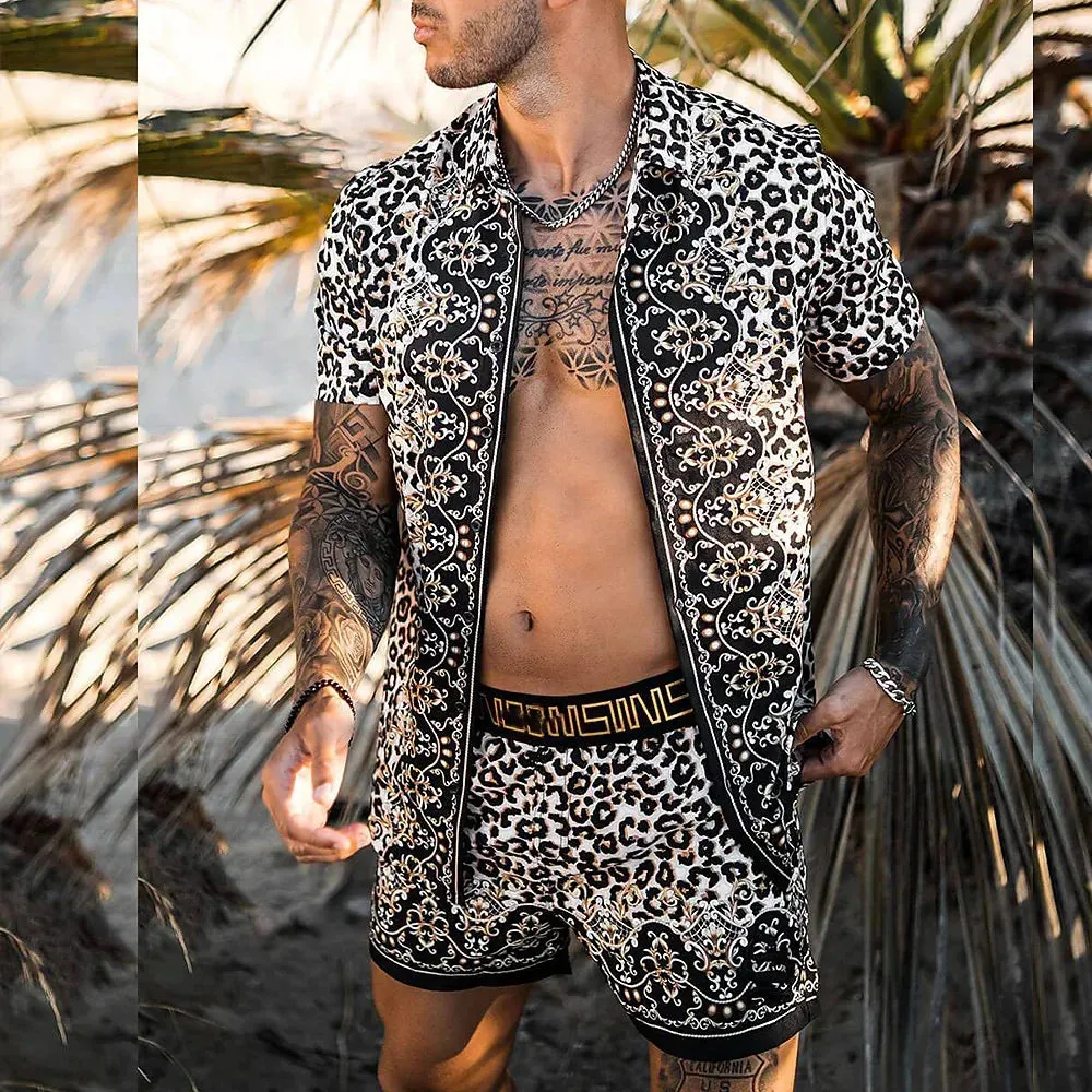 Summer Golden Horse Print Beach Short Sleeve Shirt & Shorts