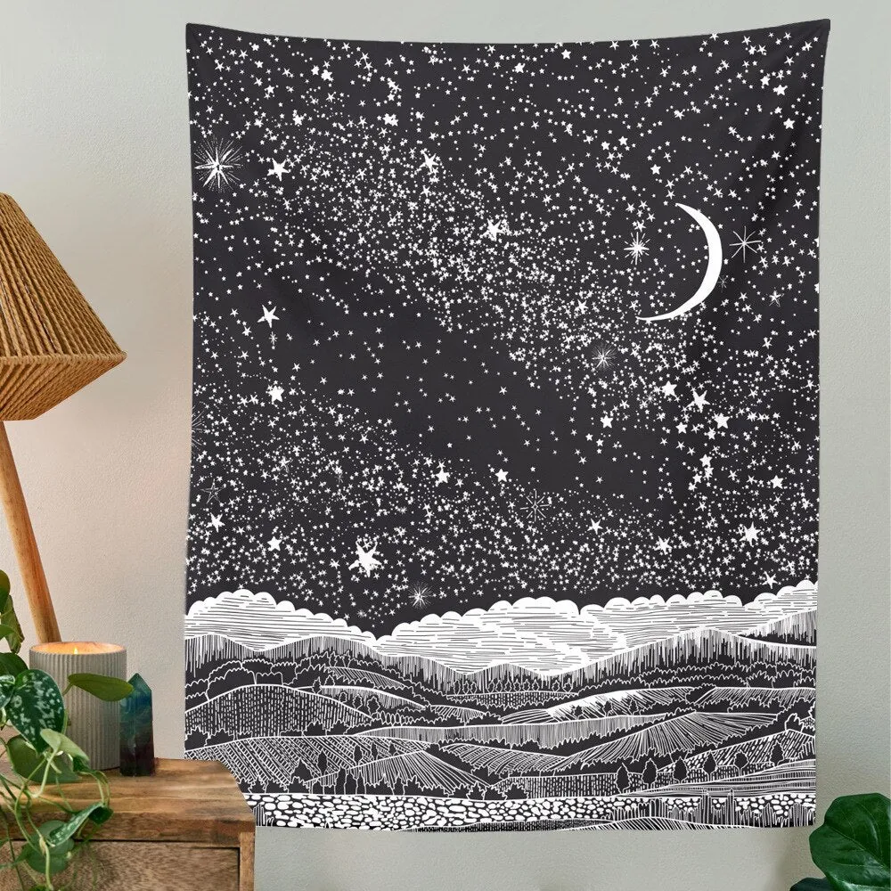 Sun Moon Tapestry Wall Hanging Stars Space Psychedelic Black and White Wall Tapestry Wall Tapestry for Bedroom Home Wall Décor